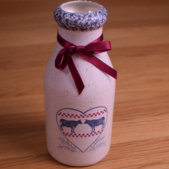 Antique Dairy Cow Vintage Milk Bottle & Cow Bell Rustic Kitchen Set - Picture 2 of 5